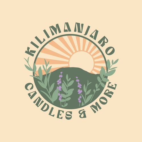 Logo of Kilimanjaro Candles & More featuring silhouette of Mt. Kilimanjaro with sunrise rays, purple lavender leaves, and eucalyptus leaves